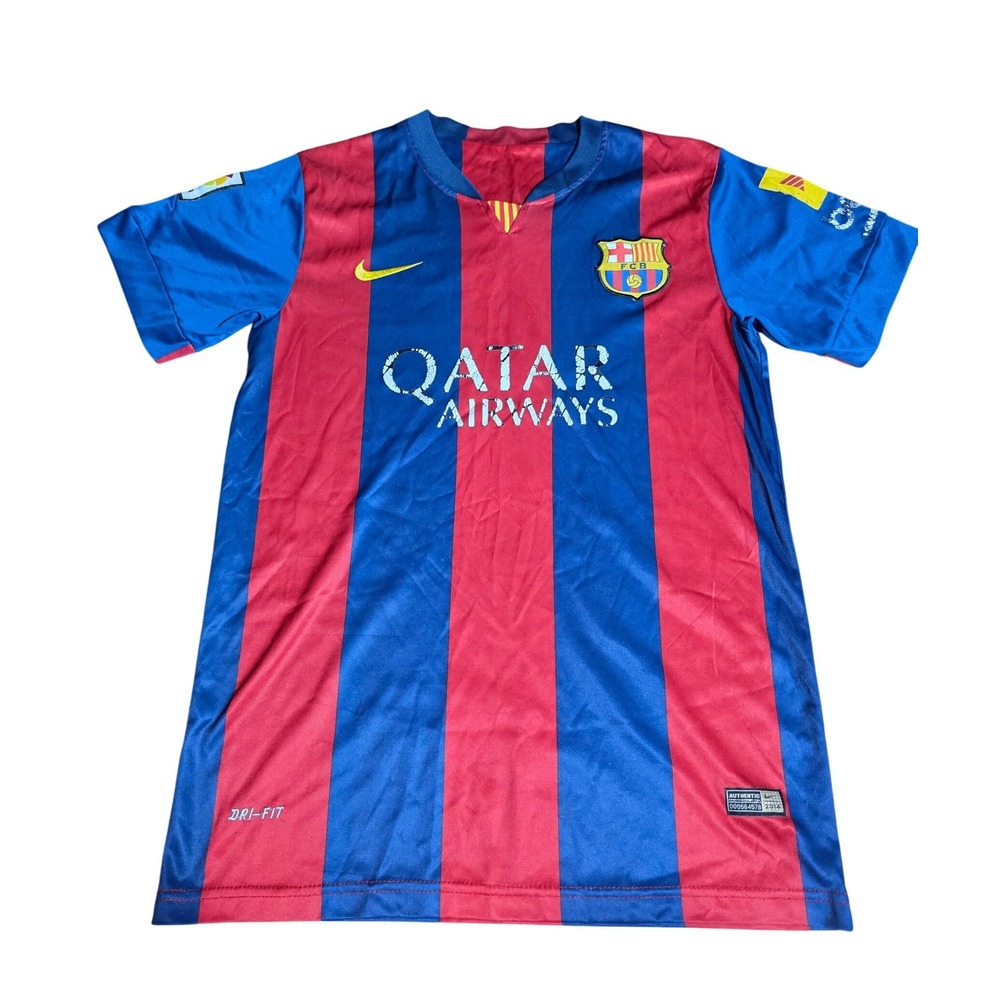 Nike FC Barcelona 2014-2015 Home Jersey Mens Blue Red Soccer Shirt Qatar Airways